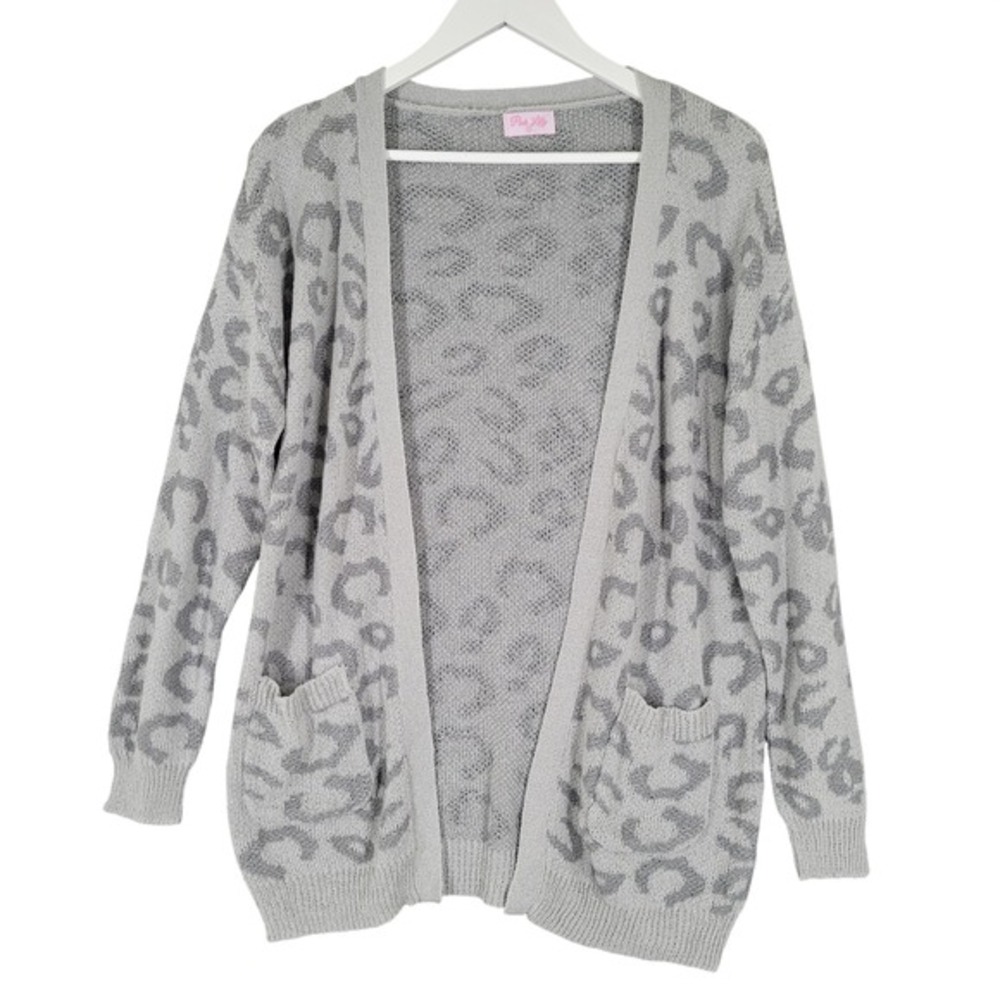 Pink Lily Cardigan Womens S Gray Leopard Animal Print Open Front Pockets Oversiz